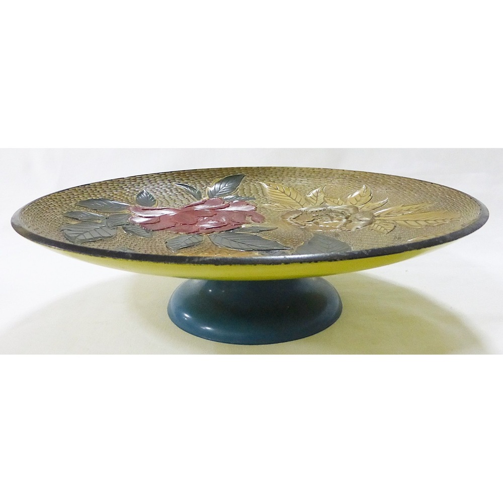 Vtg Nasco lacquer pedestal serving plate handcrafted Japan‎ floral home decor